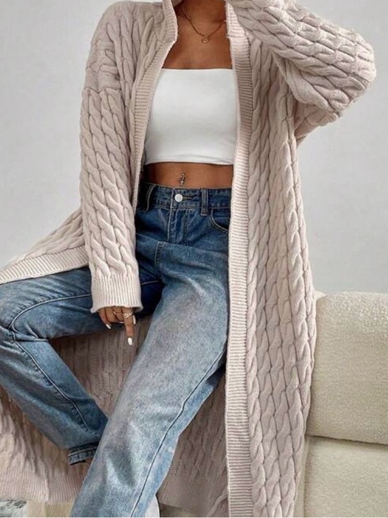 Source Unknown Sweaters - Source Unknown Long Cable-Knit Cardigan - Cream/ Oversized